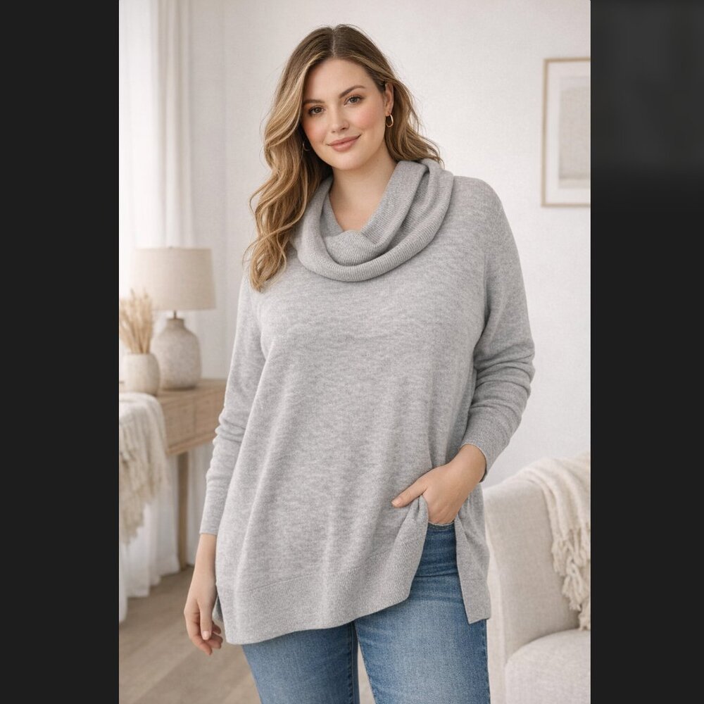 LOFT Plus Cowl Neck Tunic Sweater 16/18 Gray Knit Long Sleeve Pullover Side Slit